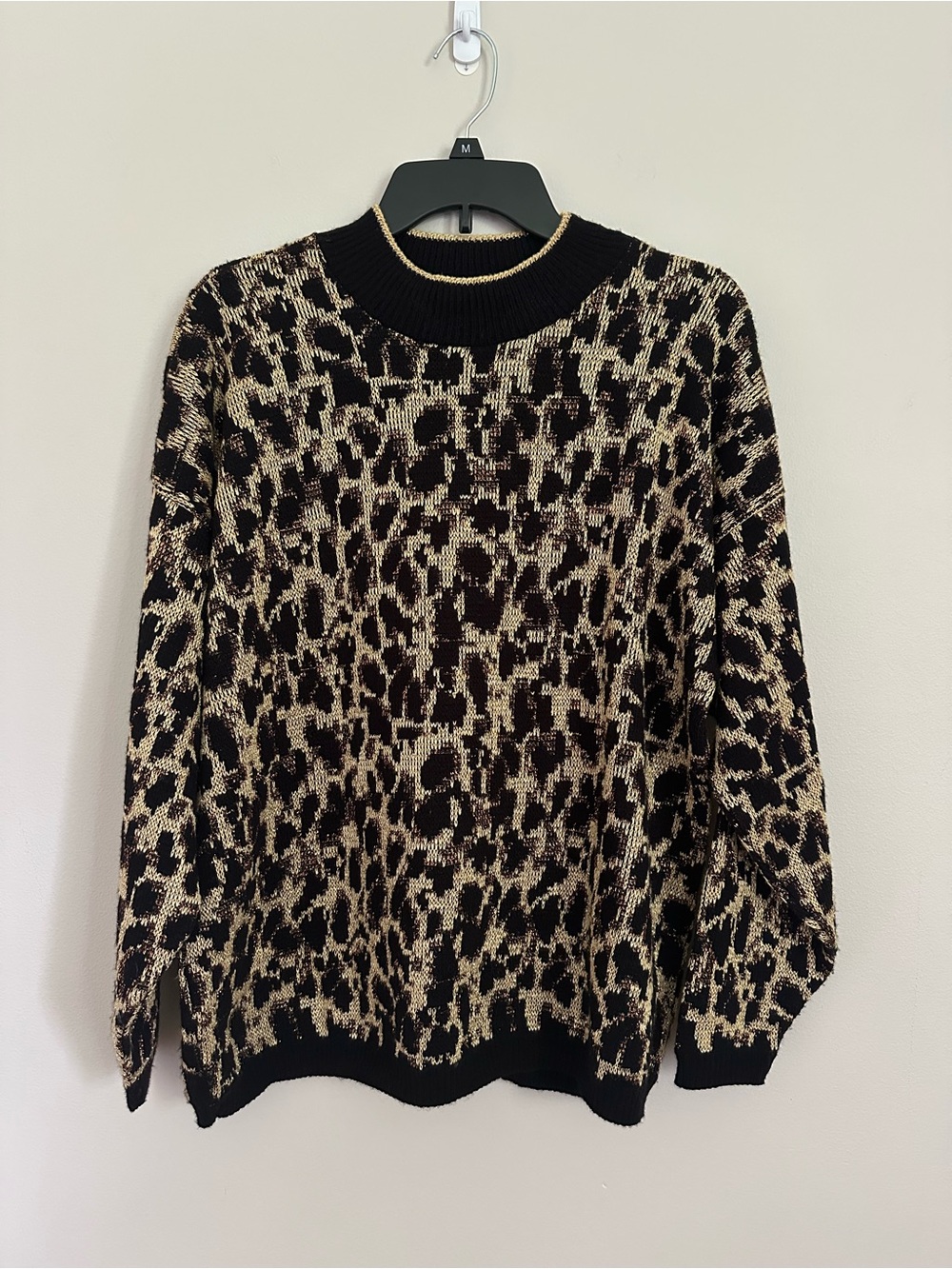 Vintage Y2K Rose Leopard Print Sweater Gold Lurex Mock Neck USA Made Maximalist